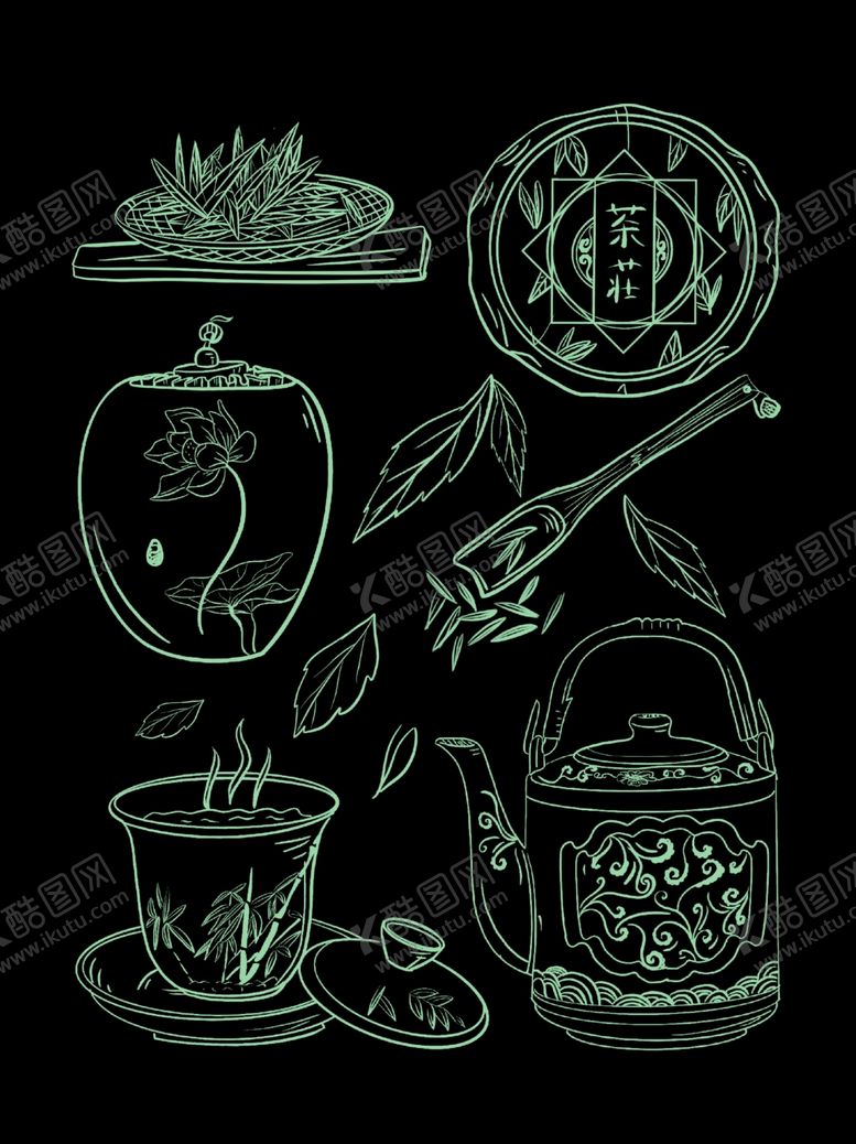 编号：63663110012231395523【酷图网】源文件下载-茶文化元素线稿图