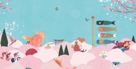 梦幻冬日动物雪景插画