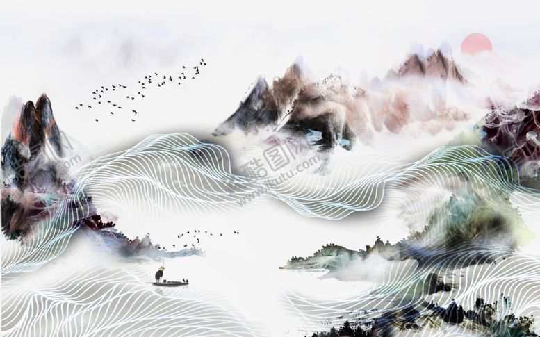 编号：71130409170307073107【酷图网】源文件下载-新中式水墨山水背景墙