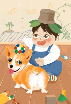 手绘插画男孩与狗