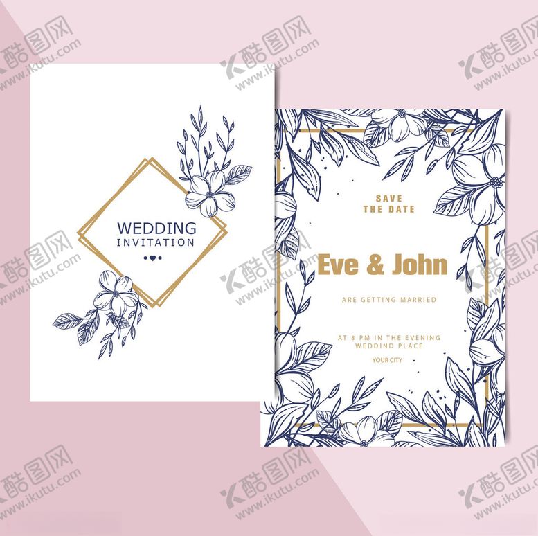 编号：39315511251333468654【酷图网】源文件下载-蓝白花卉婚礼请柬设计