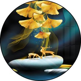 现代轻奢银杏叶山水背景墙壁画