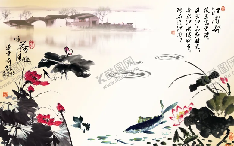 编号：62067405032012462048【酷图网】源文件下载-中式水墨荷花玄关屏风沙发电视背