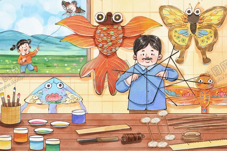 编号：73105304150003319549【酷图网】源文件下载-手工风筝水彩插画