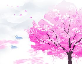 唯美浪漫樱花背景插画墙绘