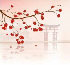 粉色唯美花朵鸟居日系素材背景