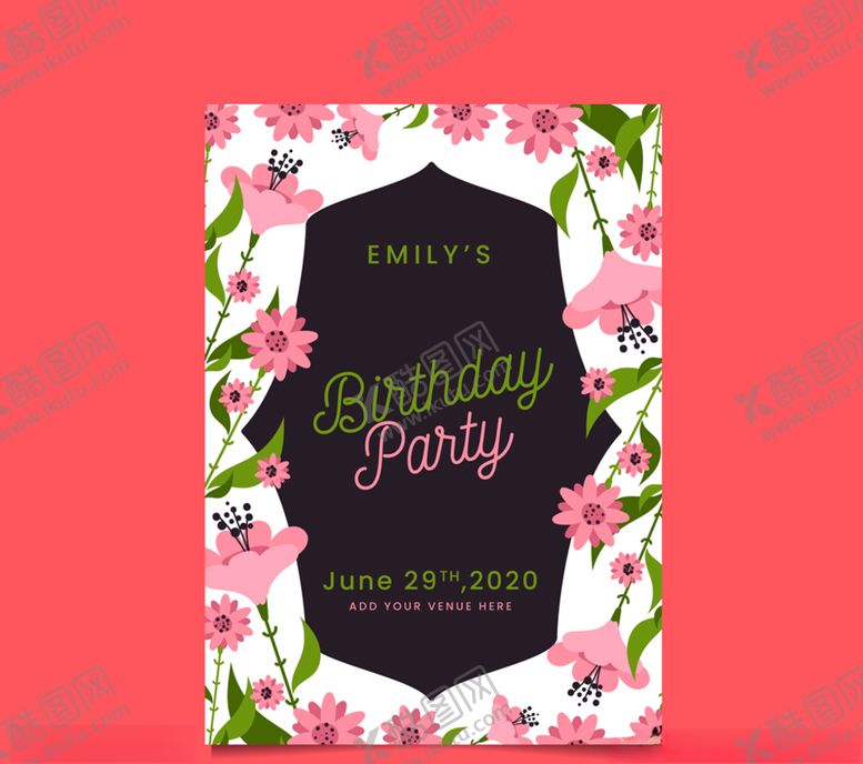 编号：28473706281524039581【酷图网】源文件下载-粉色花卉生日派对邀请卡矢量图