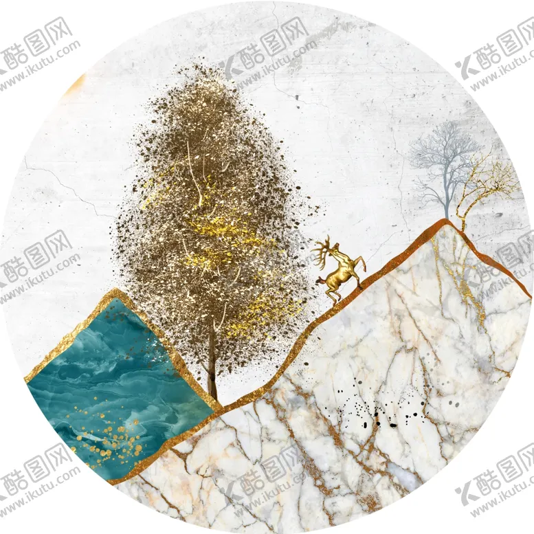 编号：15513912110535002832【酷图网】源文件下载-麋鹿树大理石圆形挂画装饰画