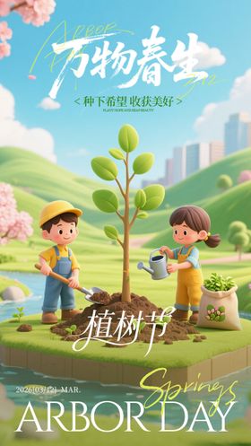 蓝绿色插画植树节海报