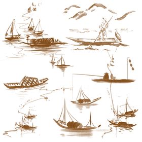 水墨风船只海上航行图景