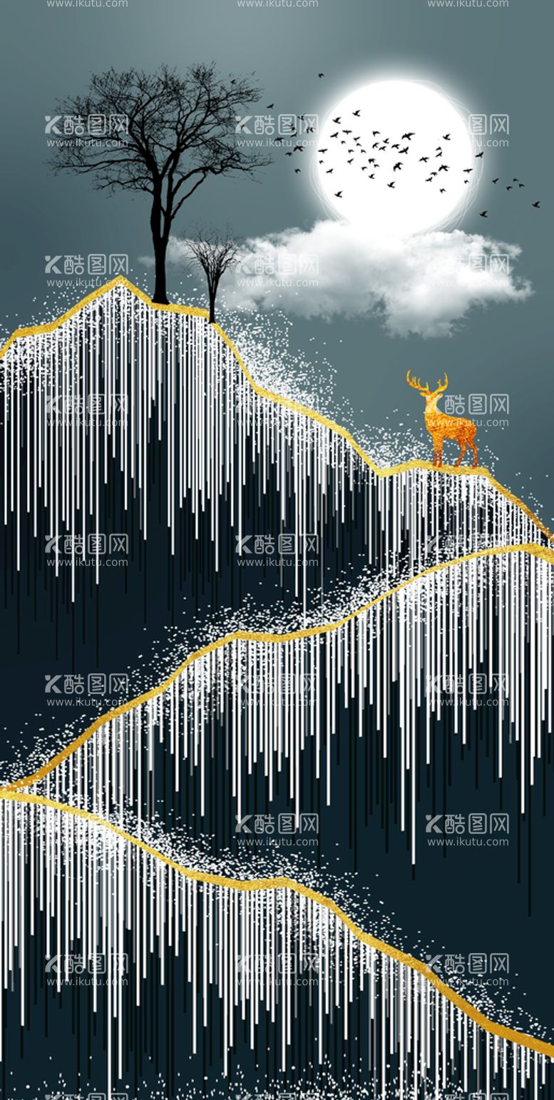 编号：75409209281251355492【酷图网】源文件下载-新中式麋鹿山水装饰画