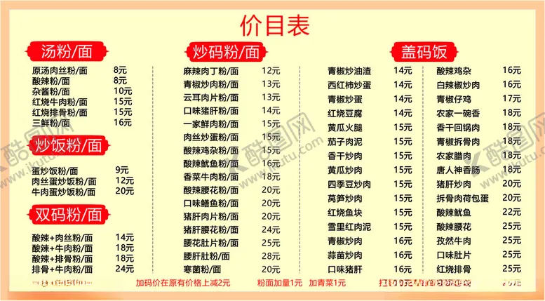 编号：64294612060810098011【酷图网】源文件下载-价目表粉面馆