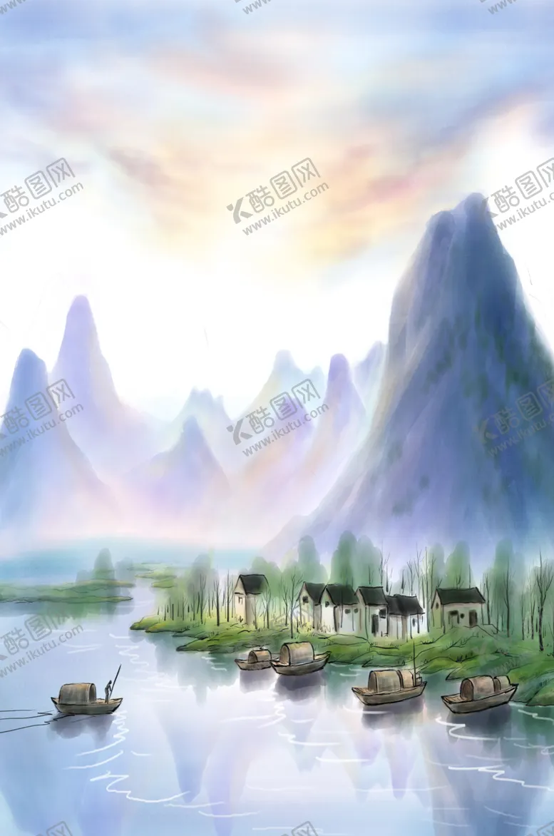 编号：73523801271300214089【酷图网】源文件下载-中国风水墨山水村子背景
