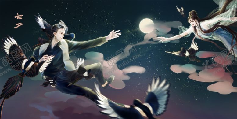 编号：37621206271604471851【酷图网】源文件下载-人物七夕节日插画卡通背景素材