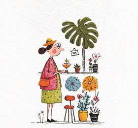 女子置身多彩盆栽间赏景