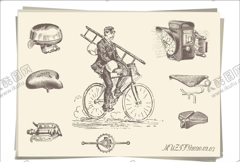 编号：61307909090217501440【酷图网】源文件下载-复古自行车零件手绘稿