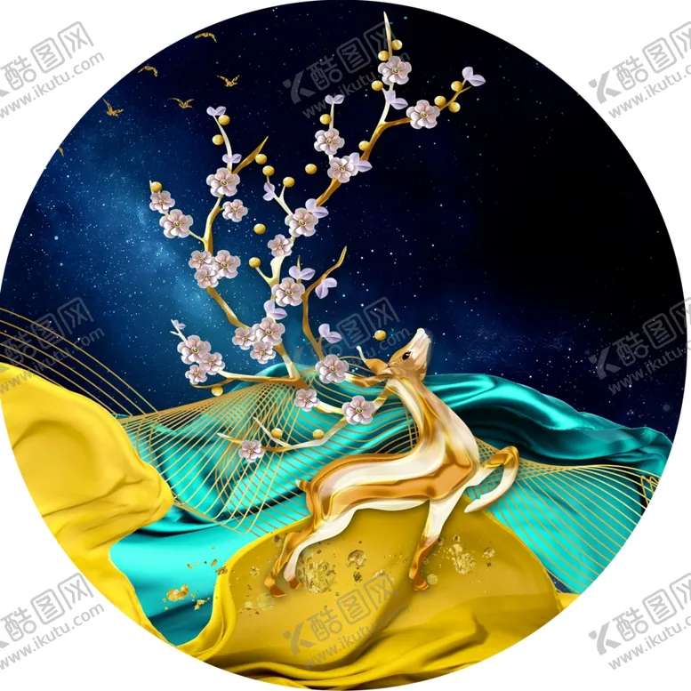 编号：15984101170526472973【酷图网】源文件下载-金色麋鹿圆形挂画装饰画