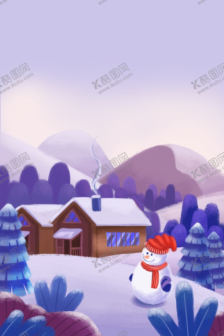 编号：52994204132345295813【酷图网】源文件下载-手绘圣诞节冬季山林小屋雪人雪景