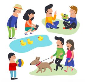 公园活动卡通人物舒适绿色