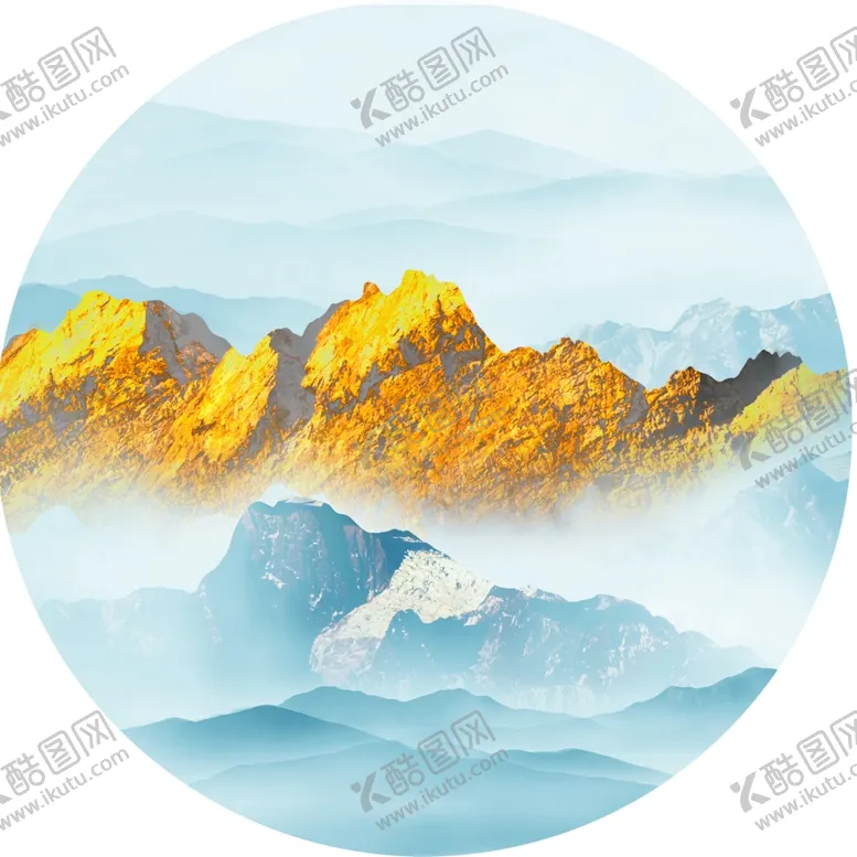编号：72172301170418385767【酷图网】源文件下载-水彩山脉中式圆形挂画装饰画