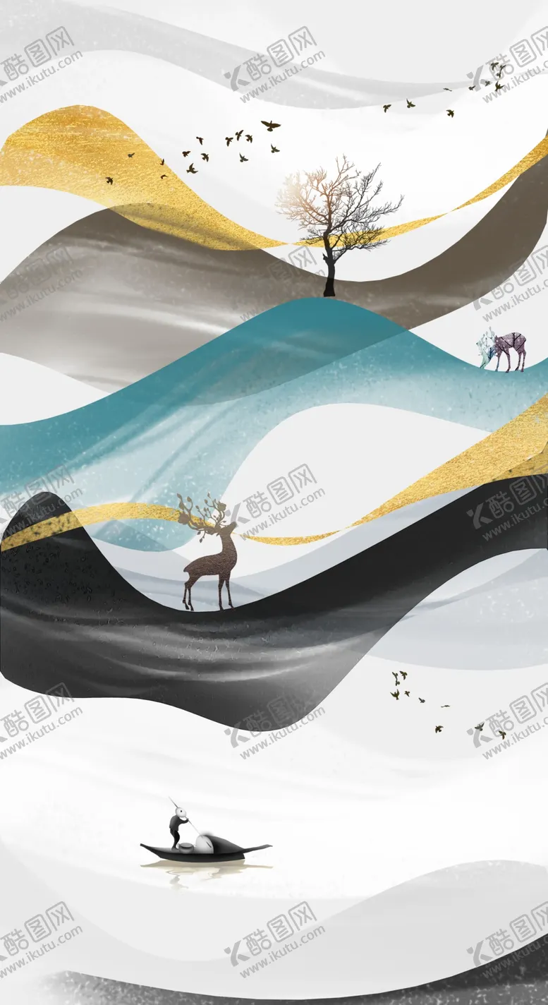 编号：60251906261251083091【酷图网】源文件下载-水墨山水小船树玄关图