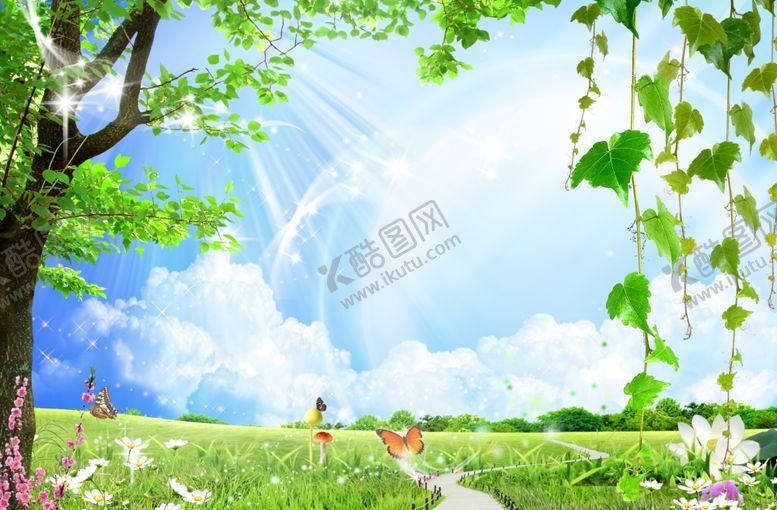 编号：14278805061827414365【酷图网】源文件下载-阳光明媚草原大树彩色蘑菇天空