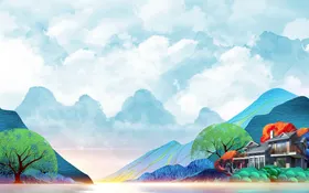 水墨山水海报背景画展装饰画新中式装饰画