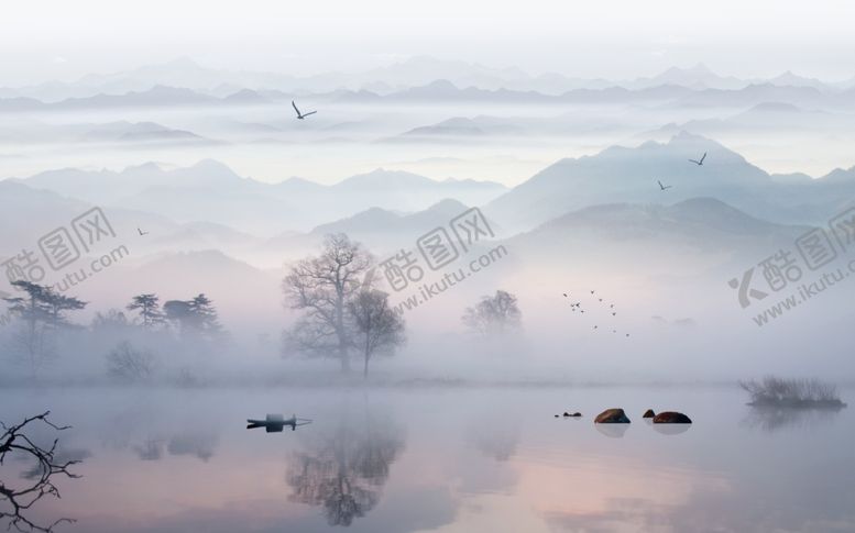 编号：94563007090004229754【酷图网】源文件下载-水墨画飞鸟小船背景墙