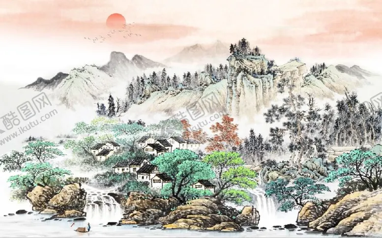 编号：46732509150041276417【酷图网】源文件下载-中式青绿瀑布山水国画电视背景墙