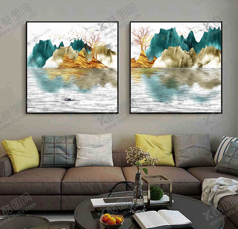编号：93502409162338082227【酷图网】源文件下载-轻奢山水二联画