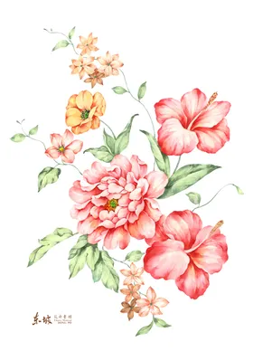 手绘花数码印热带叶子红棕榈