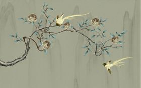 花鸟画手绘画鸟飞鸟背景墙