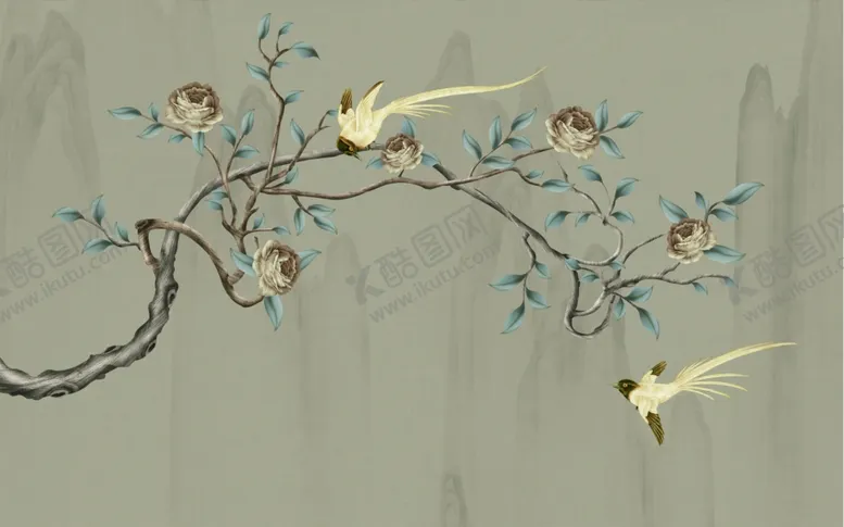 编号：64661706301557025268【酷图网】源文件下载-花鸟画手绘画鸟飞鸟背景墙