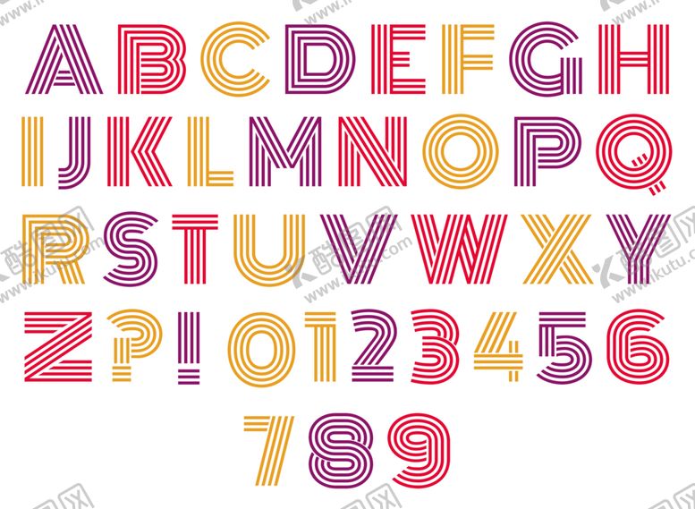编号：82870509211928368474【酷图网】源文件下载-彩色条纹英文字母数字表