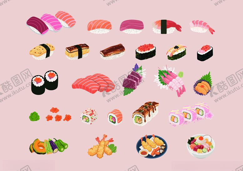 编号：16635704072109206677【酷图网】源文件下载-矢量寿司刺身天妇罗