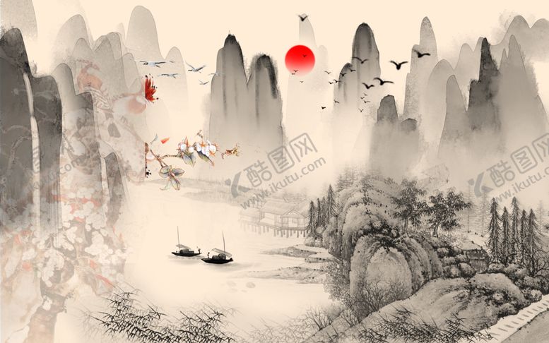 编号：46717207061515475513【酷图网】源文件下载-典雅花鸟山水背景墙