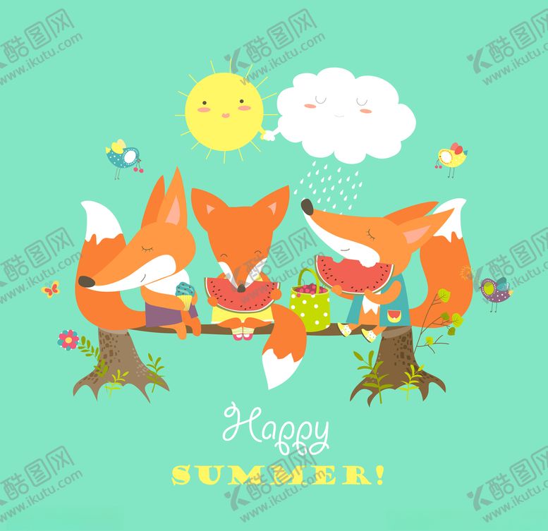 编号：46499610241935139991【酷图网】源文件下载-吃西瓜狐狸北欧森系动物插画