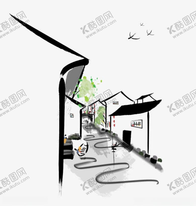 编号：54485110101531051562【酷图网】源文件下载-手绘水墨古建筑街道