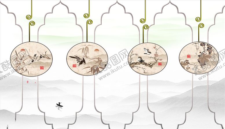 编号：49294205181434133679【酷图网】源文件下载-花鸟画梅花竹子背景墙