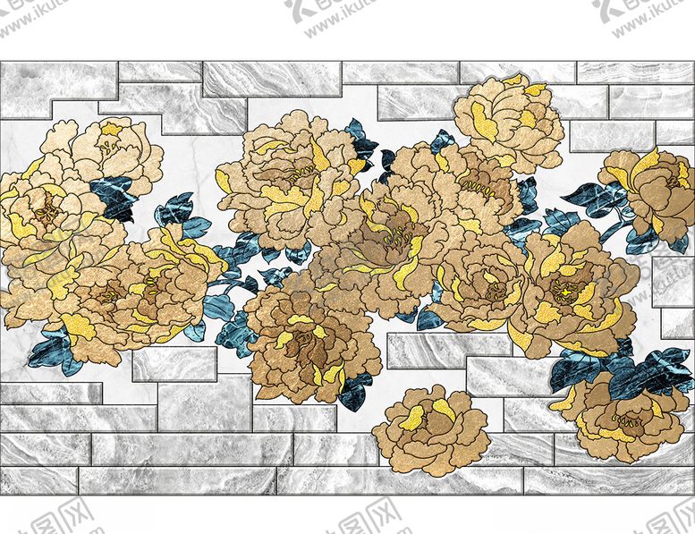 编号：38981609271013489527【酷图网】源文件下载-金箔牡丹花墙砖背景墙壁画