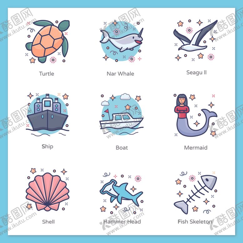 编号：64431109300437415155【酷图网】源文件下载-海洋主题可爱插画元素