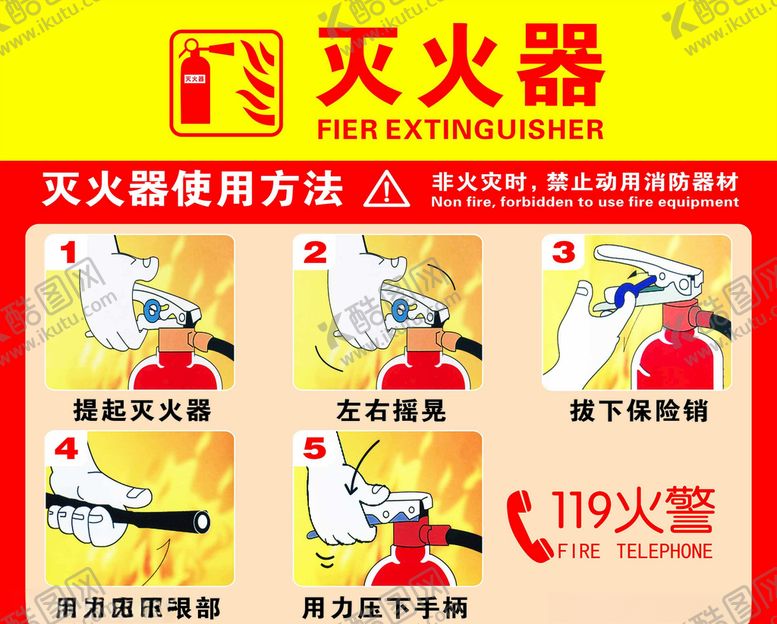 灭火器使用方法警119材图文结合红色系