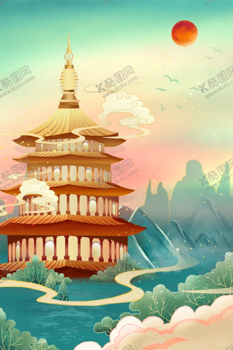 编号：70019705070120049252【酷图网】源文件下载-山水古风国风色彩插画卡通背景