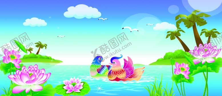 编号：94873604282151563987【酷图网】源文件下载-鸳鸯画荷花池塘鸳鸯