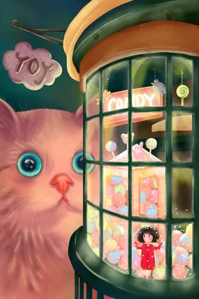 猫咪旁的梦幻糖果陈列柜