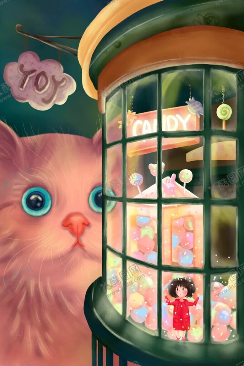 编号：15541304171503095182【酷图网】源文件下载-猫咪旁的梦幻糖果陈列柜