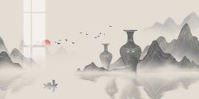 山水古风壁画墙画背景素材