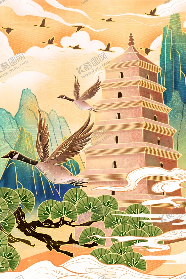 编号：82066004210953352890【酷图网】源文件下载-高塔传统复古插画背景海报素材