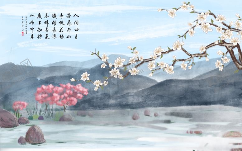 编号：87141406240340468486【酷图网】源文件下载-花鸟山水中式客厅电视背景墙