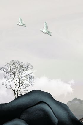 中国风装饰画长条山玄关花鸟工笔式
